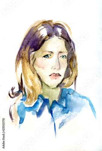 Beautiful women face. Serious girl portrait. Watercolor painting on white background.