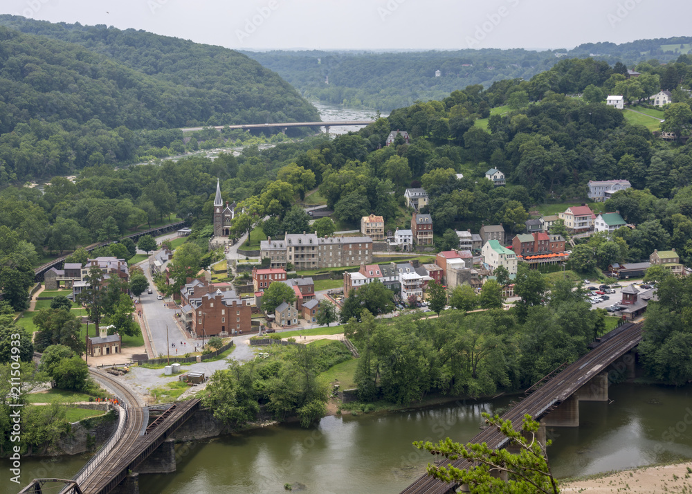 A scenic panoramic view of historic Harper's Ferry, West Virginia from the cliffs of Maryland Heights.