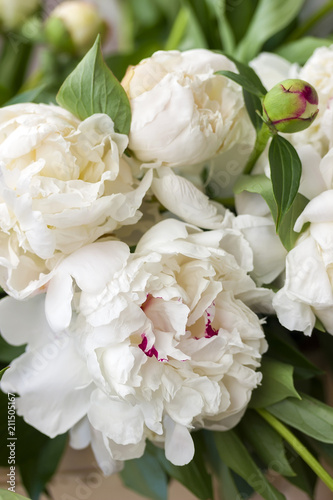 White peony flowers wedding bouquet  close up.