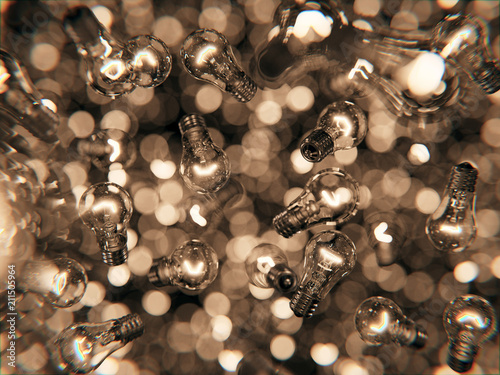 A photo-realistic 3D rendering of classic incandescent light bulbs floating in mid air and autonomously lit photo