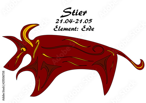 Sternzeichen Stier mit deutschen Text: Stier, Datum, Element: Erde, vektorgrafik eps10