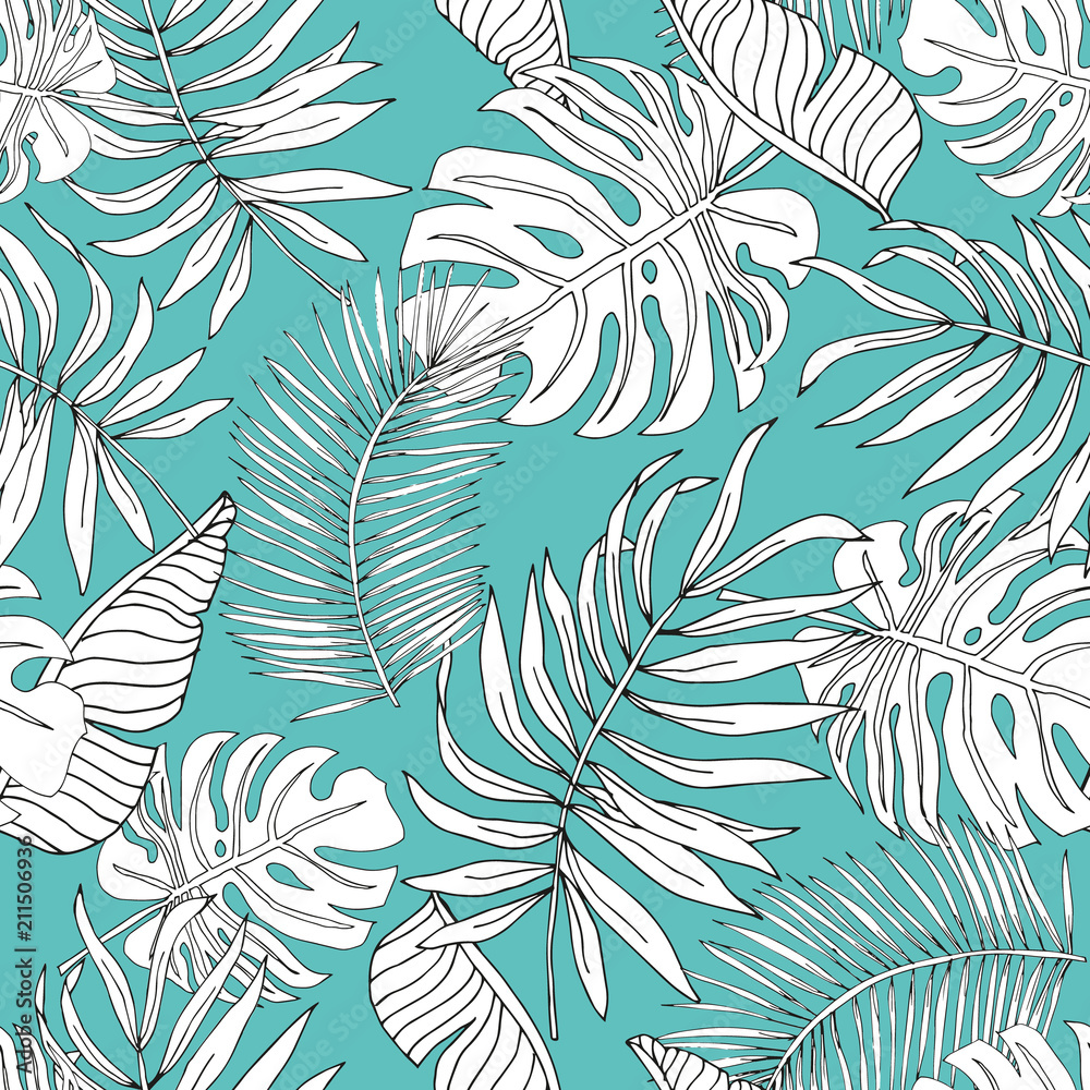 Obraz premium Banan graficzny sylwetka liniowy, liście palmowe z turkusowym tłem. Wektor wzór. Ilustracja liści tropikalnej dżungli. Egzotyczne rośliny. Lato kwiatowy wzór plaży. Rajska natura