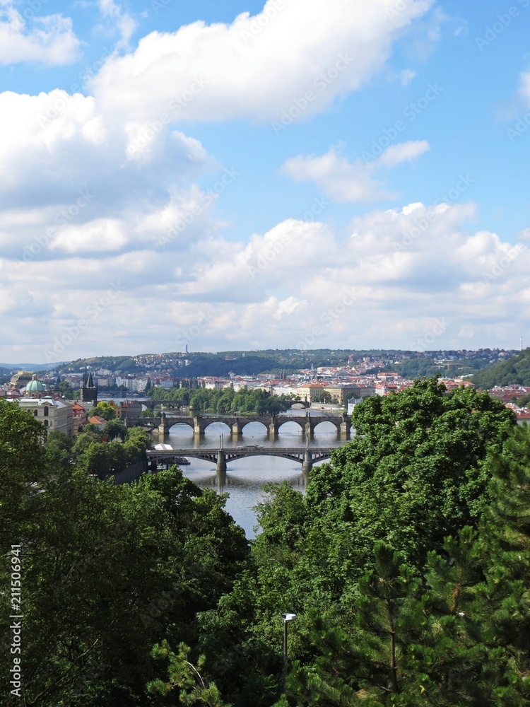 View at Beautiful Prague Panorama with Multiple Bridges over Vltava River