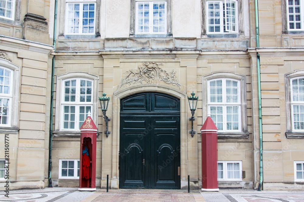 Denmark. Copenhagen. Amalienborg palace, home of the Danish royal family. Guardsman cabins Denmark. Copenhagen. Amalienborg palace, home of the Danish royal family. Guardsman cabins
