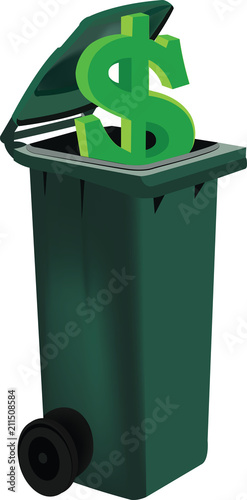raccoglitore con coperchio verde per la raccolta differenziata simbolo dollaro