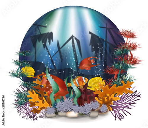 Underwater card with a sunken ship, vector illustration