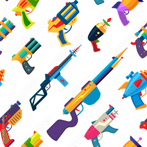 Cartoon gun vector toy blaster for kids game with handgun and raygun of aliens in space illustration set of child pistols and laser weapon seamless pattern background