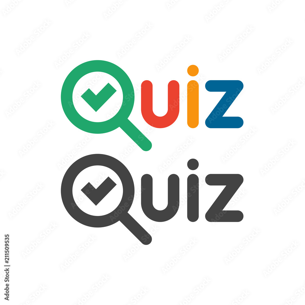 Quiz game show logo. Quizzes and test competition icon with tick symbol. Vector word logotype Quiz game show logo. Quizzes and test competition icon with tick symbol. Vector word logotype