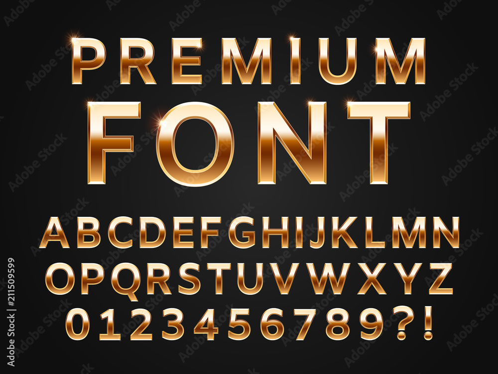 Glossy gold typeface, shine alphabet letters collection for premium text design. Golden gloss metal vector sans font