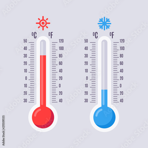 Flat thermometers. Hot and cold mercury thermometer with fahrenheit and celsius scales. Warm and cool temperature vector icons