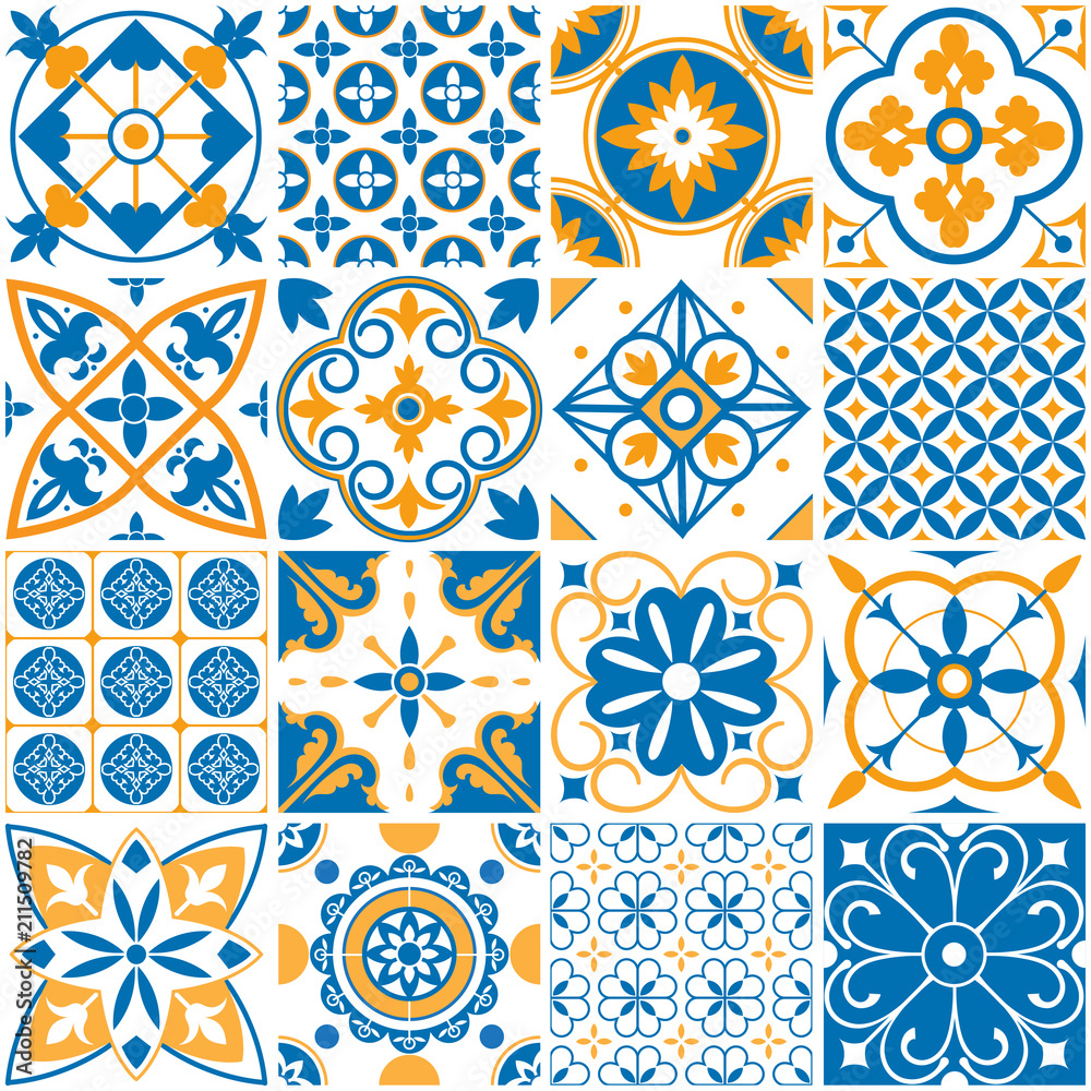 Mediterranean pattern. Decorative lisboa seamless patterns. Ornamental elements for portugal decor mosaic tiles vector set