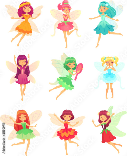 Cartoon fairy girls. Cute fairies dancing in colorful dresses. Magic flying little creatures characters with wings vector set