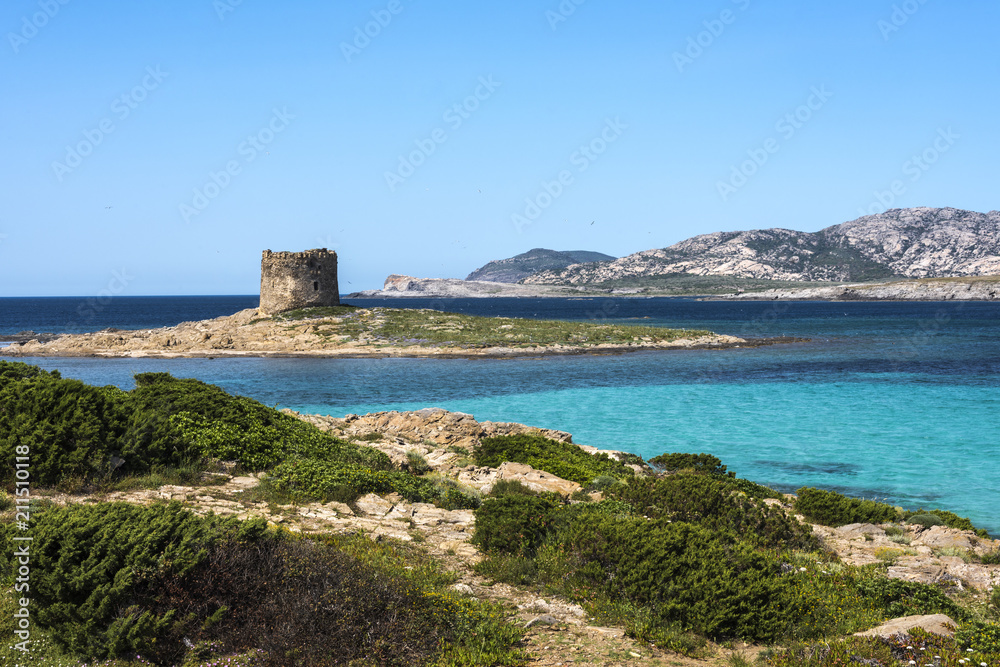 Beautiful La Pelosa beach with little tower surrounded by turquoise sea, Sardinia, Italy