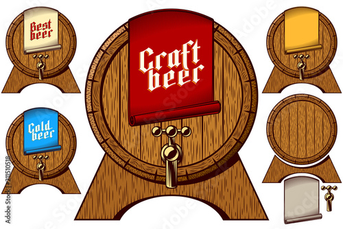 Wooden beer barrel on stand with beer tap. Label tag on First Keg on Oktoberfest with lettering inscription Craft, Cold, Best. Set of vector graphic illustration in retro ink engraving vintage style.