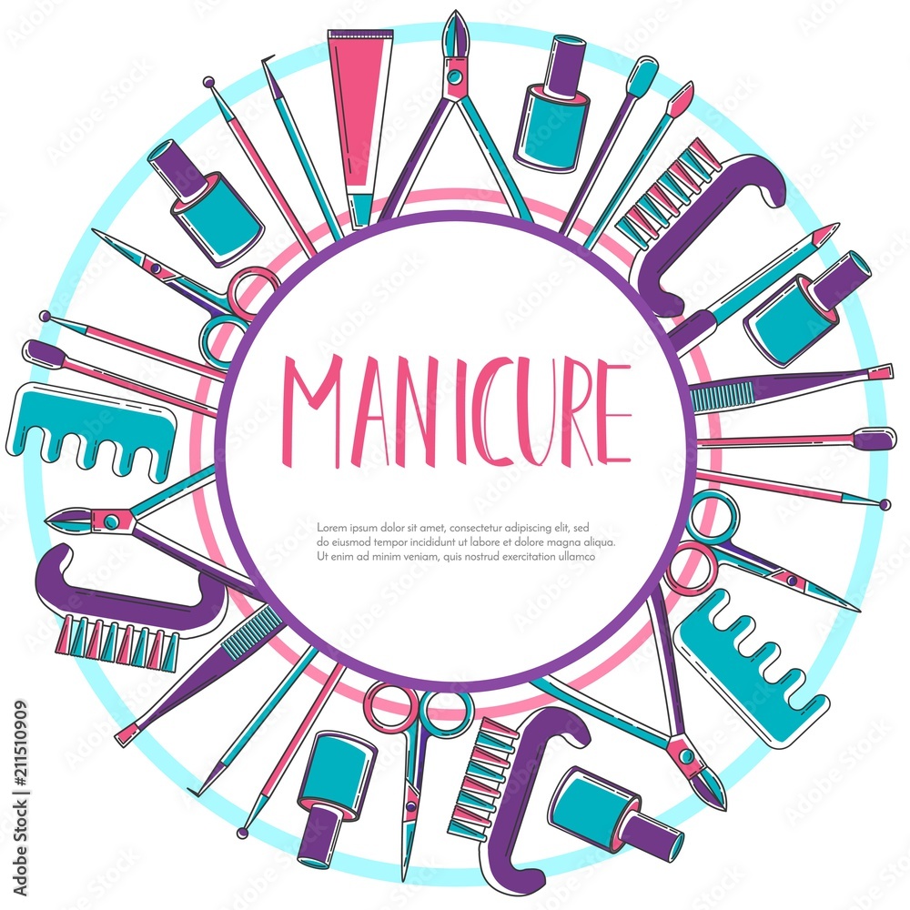Round vector banner design with linear colored icons manicure equipment. Flat icons of scissors,nail file,polish,brush,cuticle nipper,orangewood stick. 3 colors nail care salon label. Vector