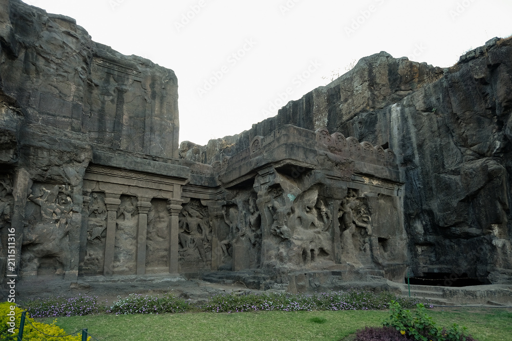 Fototapeta premium Ancient Ellora rock carved Buddhist temple, Aurangabad, Maharashtra, India