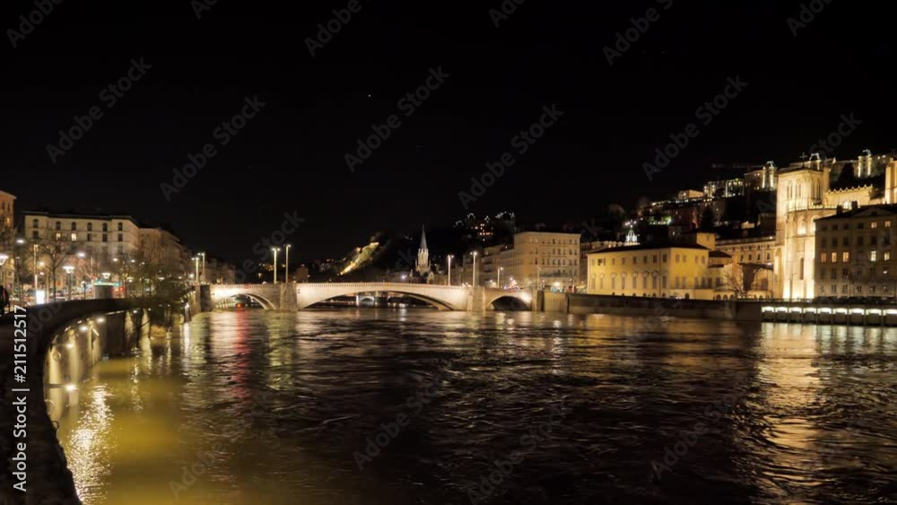lyon city establishing shot of bonaparte bridge at night lyon city establishing shot of bonaparte bridge at night