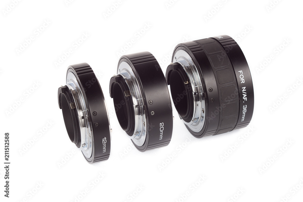 Extension rings for macro photography. Automatic tube set as macro lense alternative isolated.