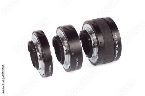 Obraz na płótnie Extension rings for macro photography. Automatic tube set as macro lense alternative isolated. w salonie