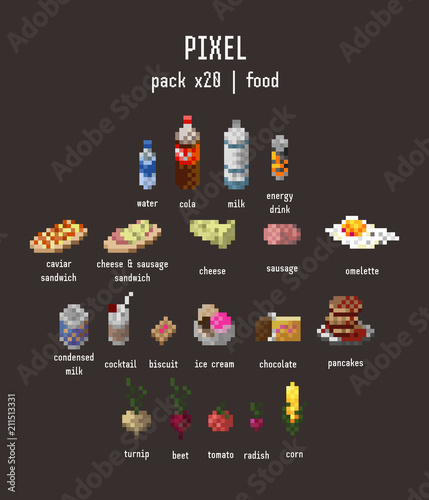 Isolated pixel food icons. Vector multi colored illustration of drinks, snacks and meals on dark background. Original graphics set. EPS10.