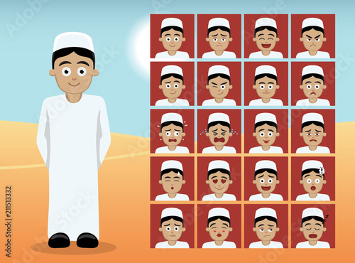 Arab Teen Boy Cartoon Emotion faces Vector Illustration