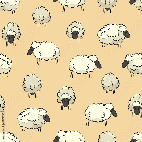 Seamless stylized sheep herd print. Vector colored illustration. Original fauna pattern. ESP10.