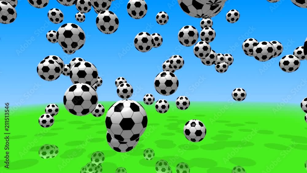 Soccer balls fall from the sky and roll across the field. Animation movie 3D elements on a blue and green background. Soccer balls fall from the sky and roll across the field. Animation movie 3D elements on a blue and green background.