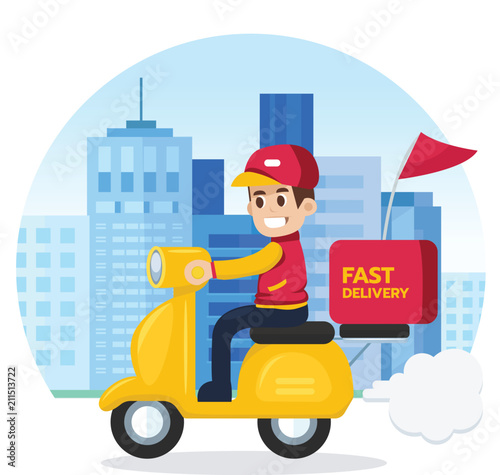Delivery man ride motorcycle service. Fast and free transport. Flat vector illustration, cartoon character, delivery service.