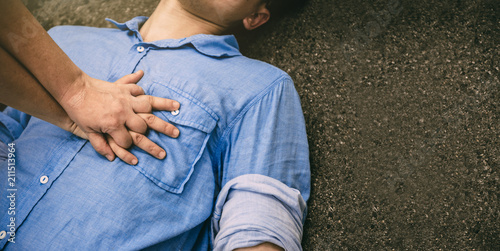 Rescue First Aid and CPR in Emergency Training to Safe Life on Human who has Heart Attack or Senseless