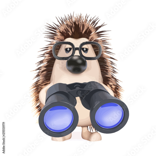 Vector 3d Hedgehog looks through binoculars