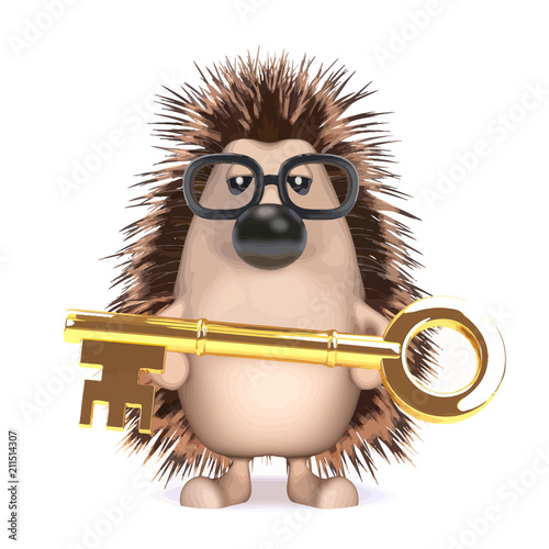 Vector 3d Hedgehog holding a gold key