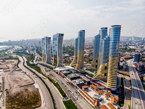 Istanbul, Turkey - February 23, 2018: Aerial Drone View of IstMarina Skyscrapers Avm Shopping Mall in Istanbul Kartal