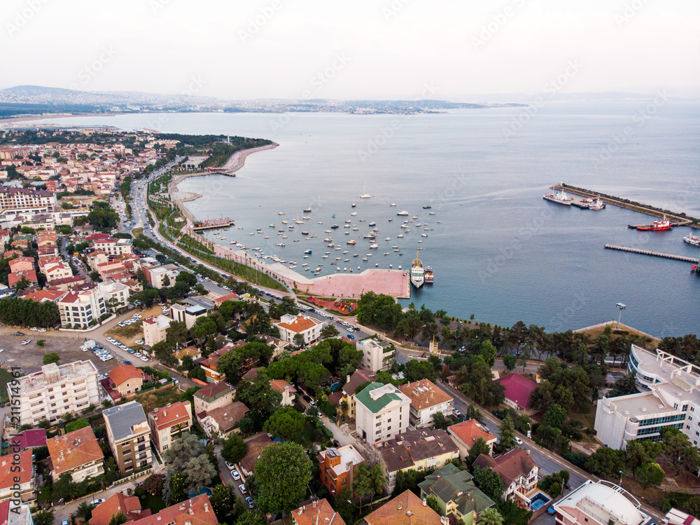 Aerial Drone View of Istanbul Tuzla Seaside with Boats