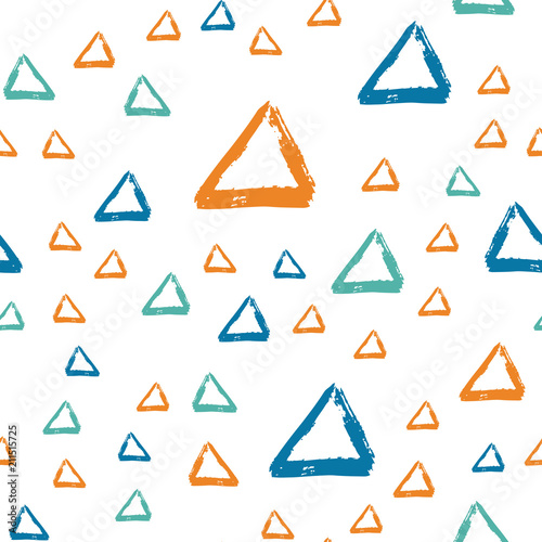 Vector seamless pattern with brush triangle. Blue orange color on white background. Drawing grange texture. Ink geometric elements. Fashion modern style. Repeat fabric backdrop cloth print