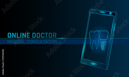Doctor online medical app mobile applications. Digital healthcare medicine diagnosis concept banner. Human smartphone one line continuous tooth implant dentistry technology vector illustration