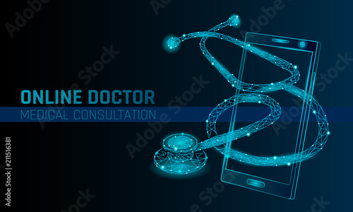 Doctor online medical app mobile applications. Digital healthcare medicine diagnosis concept banner. Human stethoscope checking smartphone low poly geometric innovation technology vector illustration
