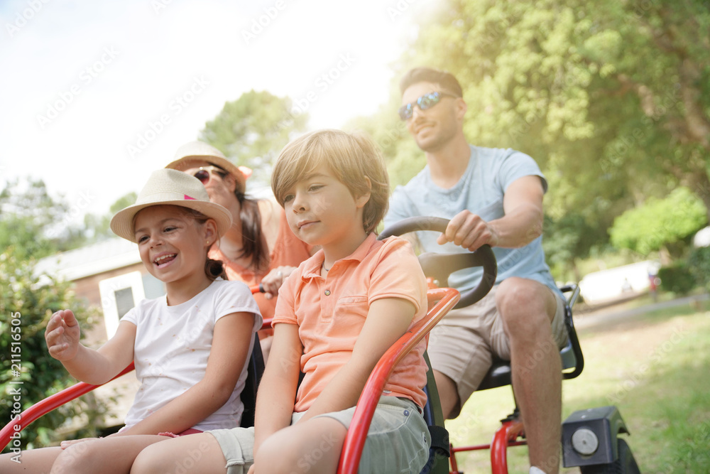 Family having a kart ride at the park