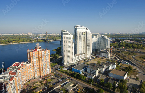 Aerial view on river Dnepr in green Obolon area of Kyiv city