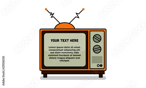 TV Illustration in trendy flat style isolated on white background with Text Box Template. Vintage Television design