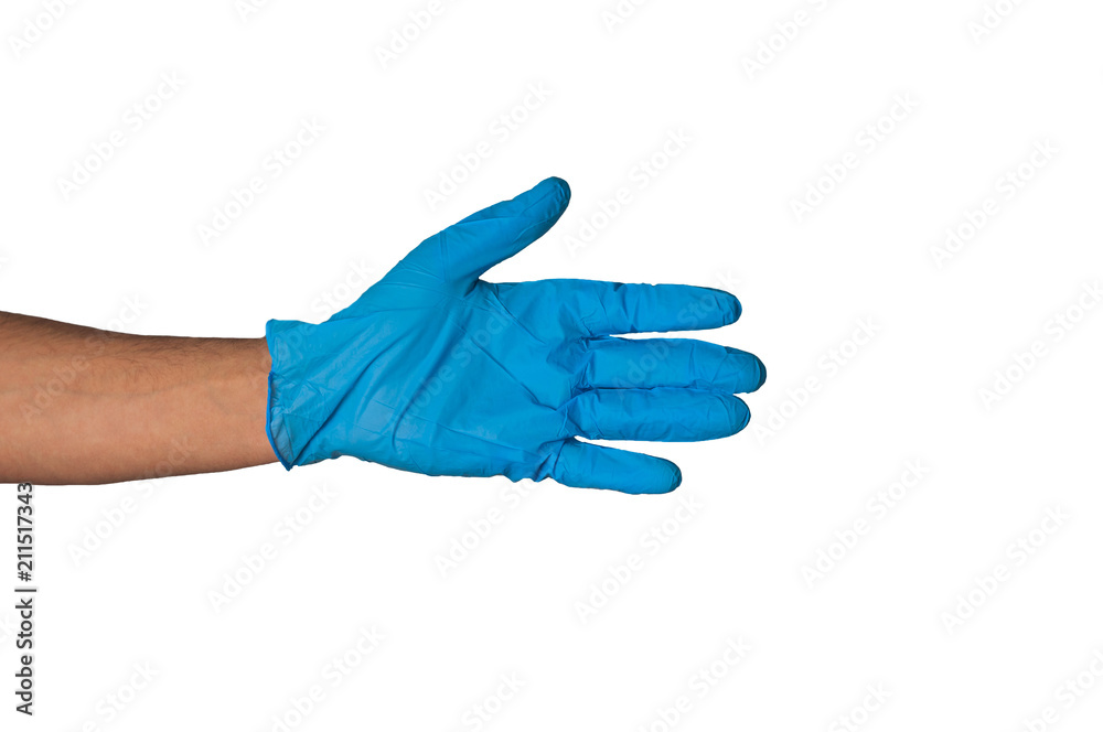 Human hand in blue rubber glove isolated on white background. Medical or cleaning concept