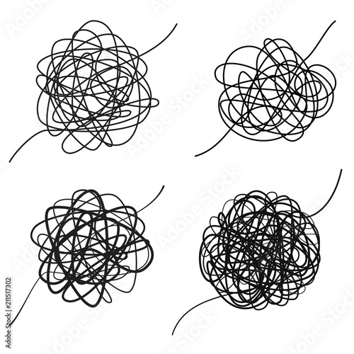 Set of complicated black line way. Chaotic texture.  Hand drawn tangle of tangled thread. Sketch spherical abstract scribble shape. Vector illustration isolated on white background
