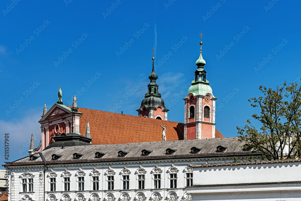 Panorama of Ljubljana with St. Nicholas's Church also named St. Nicholas' Cathedral, originally a Gothic church, in the early 18th century replaced by a Baroque building.