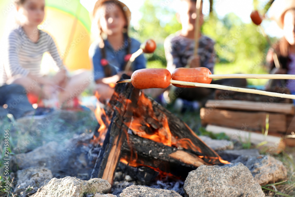Fototapeta premium Frying sausages on bonfire, closeup. Summer camp