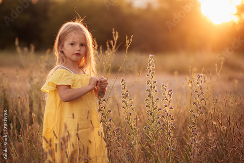 Little girl in sunset field