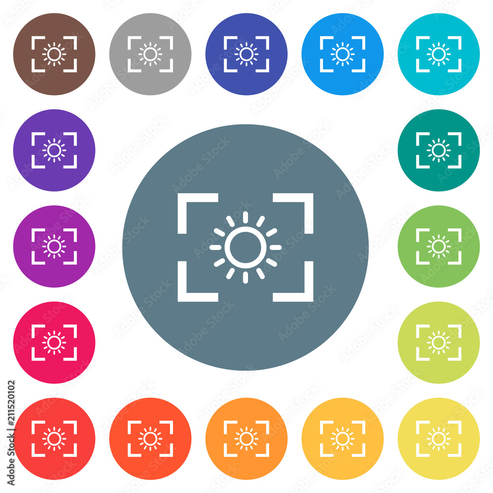 Camera brightness setting flat white icons on round color backgrounds Camera brightness setting flat white icons on round color backgrounds