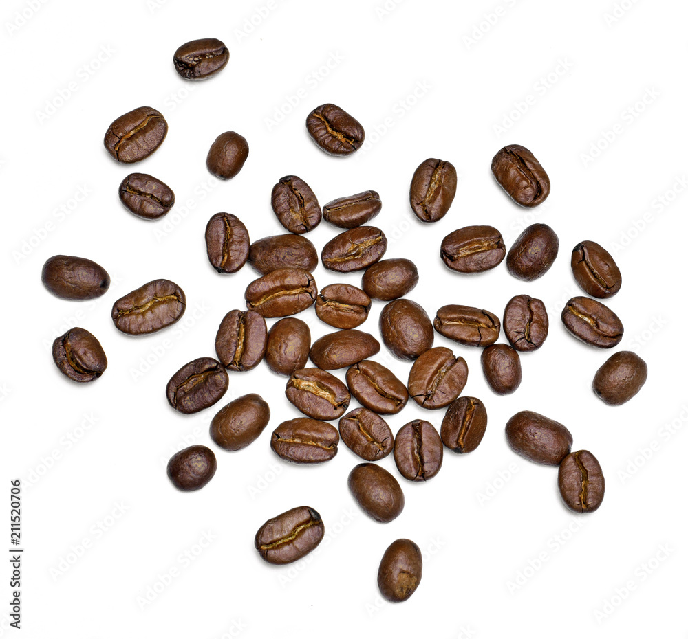Roasted coffee beans, isolated on white background. Close-up shot of delicious arabica beans, pile or group of objects, cut out. Roasted coffee beans, isolated on white background. Close-up shot of delicious arabica beans, pile or group of objects, cut out.