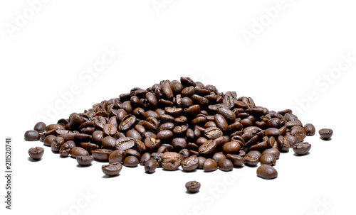 Roasted coffee beans, isolated on white background. Close-up shot of delicious arabica beans, pile or group of objects, cut out.
