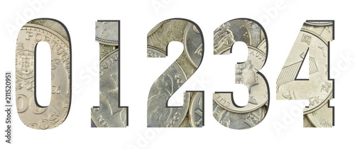 0 1 2 3 4 3d Numbers Shiny silver coins textures for designers. White isolated