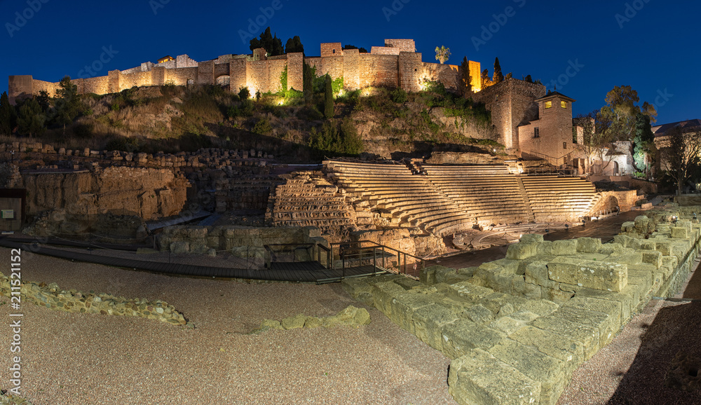 Φωτογραφία Night view of the Alcazaba fortress and the Roman theatre in Malaga, Spain