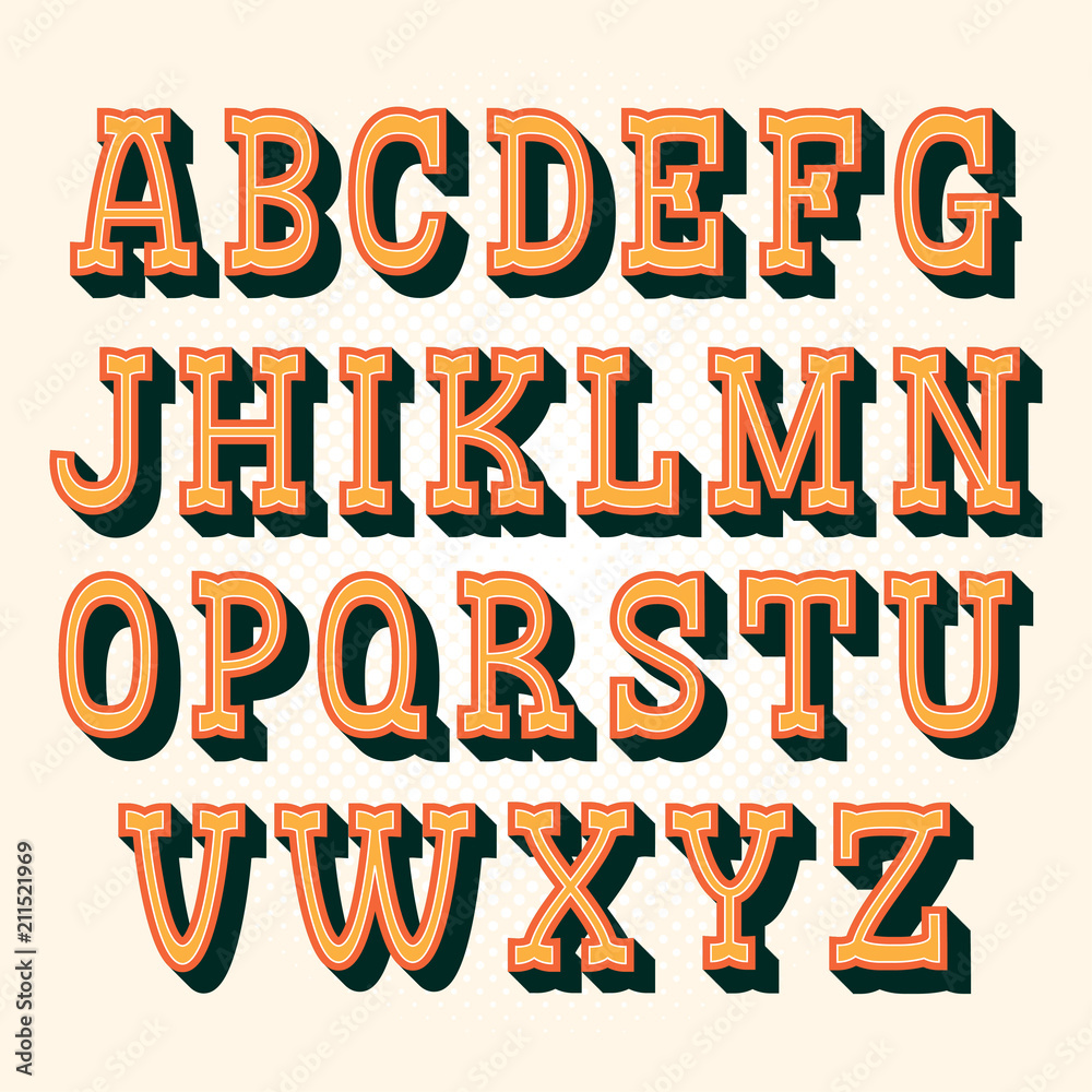 Vintage 3d serif alphabet made in vector. Retro letters for your design. Isolated characters